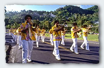A marching band in downtown Pago Pago 