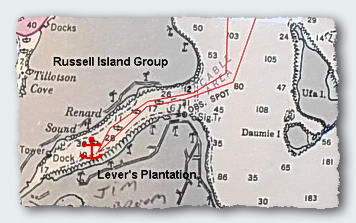 Russell Island Group. The long embayments are deep. Shallow water anchorages are few and strewn with brittle living corals.