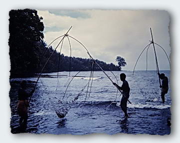 At certain seasons, men fish for sardines with nets on poles. 
